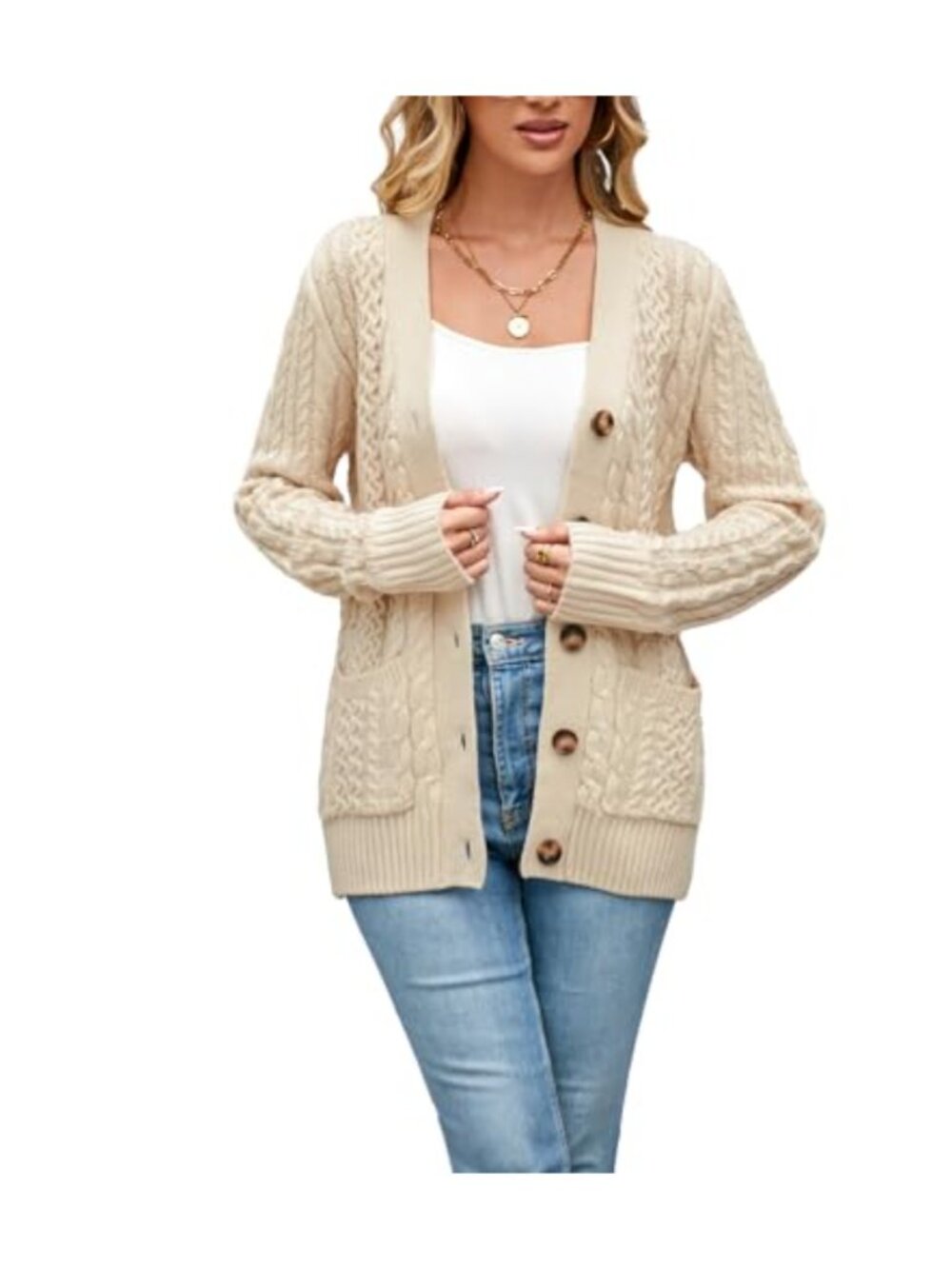 Cable Knit Cardigan Sweater Chunky Open Front Button Down with Pockets